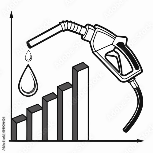 A black and white illustration depicts a gas pump nozzle hovering over a rising bar graph with falling oil droplets high quality