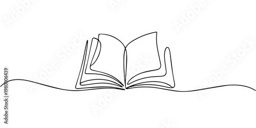 opened book continuous one line drawing, book continuous one line drawing, One continuous line drawing of Opened book. Education in school and library studying in simple linear style. Writing draft 