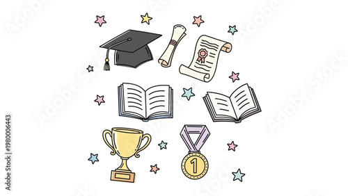 Education Icons: A collection of meticulously crafted academic icons including a graduation cap, diploma, open book and golden trophy, symbolizing knowledge, achievement, and scholastic success.