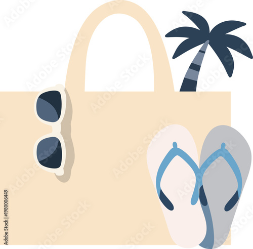 Minimal flat vector illustration of a beach bag with sunglasses, flip flops, and palm tree. Clean summer vacation concept in modern simple style.