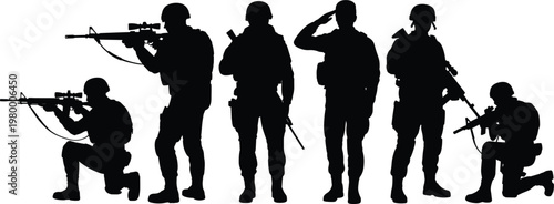 Silhouettes of Soldiers in Combat Poses with Rifles on White Background military