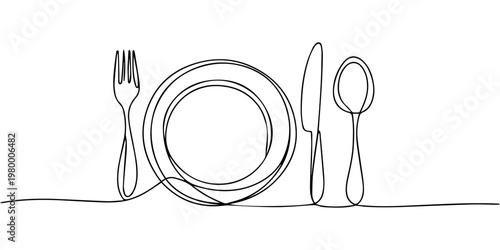 plate fork knife and spoon continuous one line drawing, plate, khife and fork continuous one line drawing, Continuous line art or One Line Drawing of plate, khife and fork. linear style and Hand