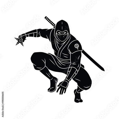 Ninja warrior poised in dynamic crouching combat stance with shuriken and katana