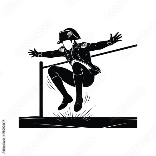 Napoleonic soldier clearing a high hurdle with determination and grace