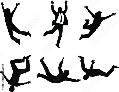Six dynamic black silhouette figures in mid-air jumping and falling poses on white background Keywords: silhouette, people, figures
