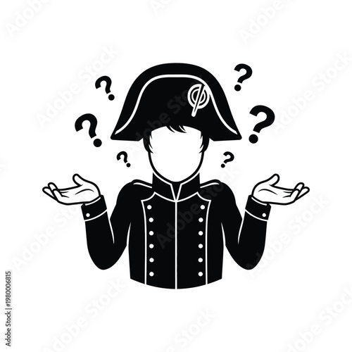 Confused historical figure in military uniform with question marks floating above head