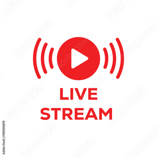 Live stream typography with play button circle and wireless signal waves in red color vector.