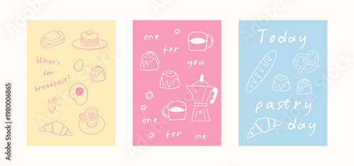 Cozy breakfast club poster set. Coffee, tea lover kitchen prints in soft blue and pink. Hand drawn line art doodle style, vintage patterns. Bright kitchen decor, prints, cards, branding