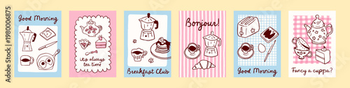 6 cozy breakfast club poster set. Coffee, tea lover kitchen prints in soft blue and pink. Hand drawn line art doodle style, vintage patterns. Bright kitchen decor, prints, cards, branding