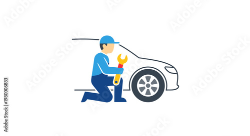 Mechanic kneeling with wrench in hand.