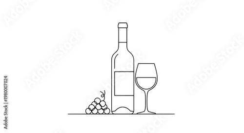 Bottle wine with glass and grapes beside it line drawn featuring illustration, black and white, beverage with drink and alcohol elements for vine,