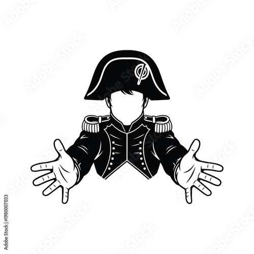Cartoon depiction of a historical military figure in a bicorne hat with outstretched arms