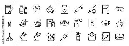 Professional medical and antiviral serum minimalist outline icon set