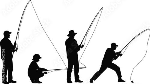 Fishing man silhouette set with different angler poses casting rod and catching fish, outdoor sport activity isolated vector illustration