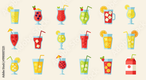 Collection of vibrant refreshing summer cocktails and beverages in various glasses.