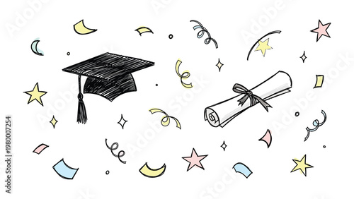 Graduation Celebration: Capturing the celebratory essence of academic achievement with iconic symbols and joyful details. 