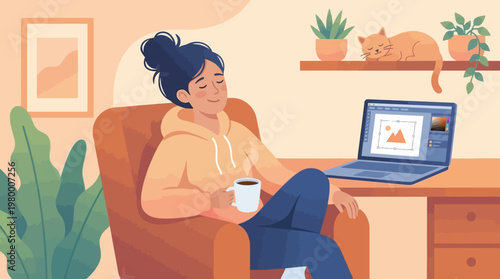 Creative Professional Taking Break at Cozy Workspace with Coffee and Laptop Vector