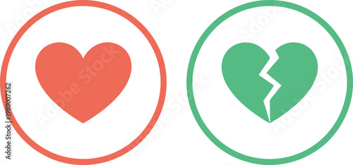 Two circular icons displaying a solid whole heart and a green broken heart symbol for comparison