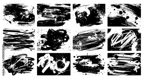 Texture tile set with distressed grunge brush strokes, splatter splashes and scribble lines for design backgrounds