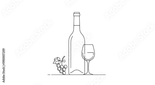 Bottle wine with glass and grapes in a line drawing style for beverage or culinary use featuring illustration, drink, alcohol with vine and stemware