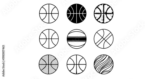 Basketball icons set with various patterns and styles featuring sports, icon, pattern with style and black and white elements for design, vector