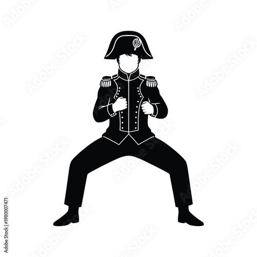 Historical military figure in a crouched pose wearing a bicorne hat and uniform