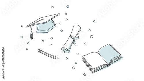 Education Essentials: A minimalist illustration of essential academic elements floating delicately, including a graduation cap, rolled diploma, open book and a pencil.