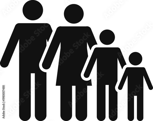 Family silhouette icon with parents and two children isolated on transparent background