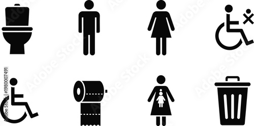 Set of eight black icons representing toilet facilities and related items on a white background Keywords: toilet, restroom, bathroom, icon, symbol