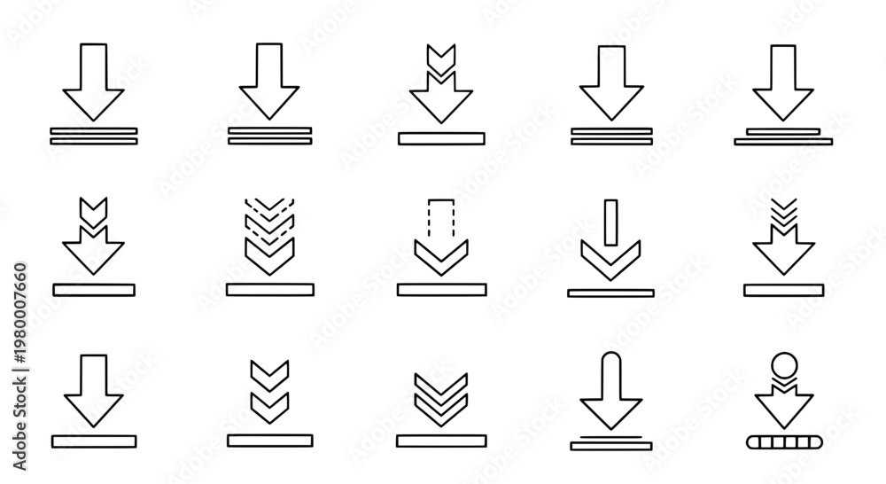 Fototapeta premium Arrows download icon set with multiple black line styles and symbols, various directions and shapes for user interface design.