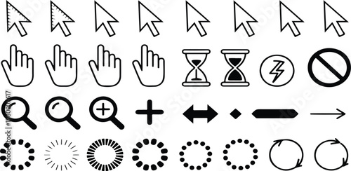 Cursor and pointer doodle icon set with line arrows and hand symbols for web UI, mouse actions, click, move and resize