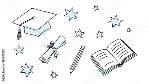 Educational Pursuit: An illustration of a graduation cap, rolled diploma, pencil, book, and stars evokes a feeling of ambition. Representing knowledge, education, and learning. 