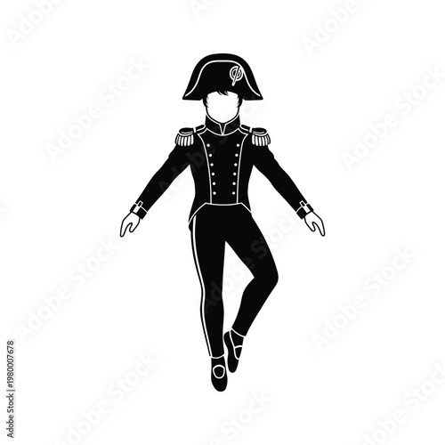 Historical military officer in traditional black uniform and bicorne hat pose