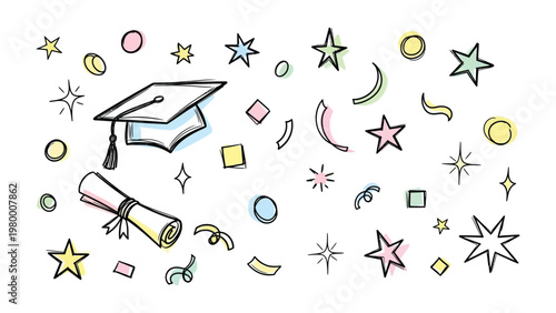 Graduation Celebration: Festive symbols of academic achievement dance in a celebratory display of education and aspiration.