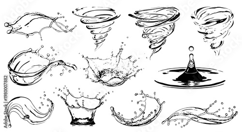 Water splash set with dynamic liquid movements and droplets in black and white featuring movement, illustration, vector with graphic and resource