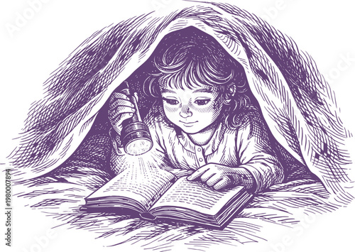 Child Reading Book Under Blanket With Torch
