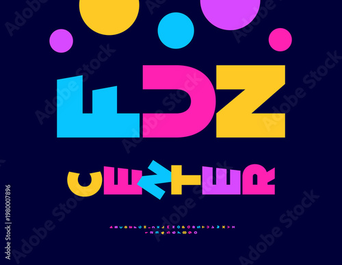 Vector Joyful banner Fun Center. Funny Colorful Font. Festive Rotated Alphabet Letters and Numbers set.