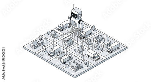 AI Smart City Logistics Concept with Giant Robot Controlling Automated Delivery Trucks and Infrastructure in Isometric Line Art Illustration