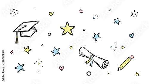Education Symbols:  A collection of hand-drawn education elements creates a charming illustration of academic achievement. perfect for conveying themes of learning, graduation.
