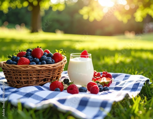 Fresh mixed berries in basket and glass of yogurt with berries on checkered cloth outdoors on sunny green park landscape du daytime