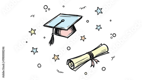 Graduation Dreams: A hand-drawn image captures the excitement of education through a mortarboard and diploma, illustrating the achievement and dreams of graduation.