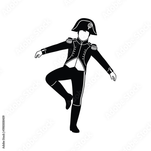 Elegant military officer performing a graceful ballet pose in historical attire