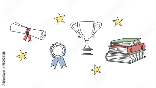 Academic Symbols and Success: Capturing the essence of knowledge, achievement, and celebration. A visual symphony featuring a scroll, trophy, medal, stars and books. 