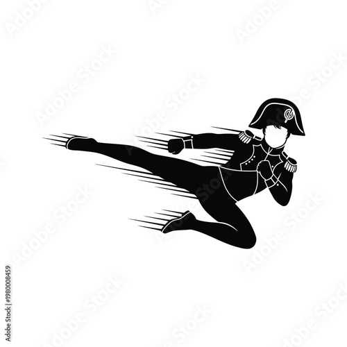 Napoleonic soldier performing a dynamic martial arts kick