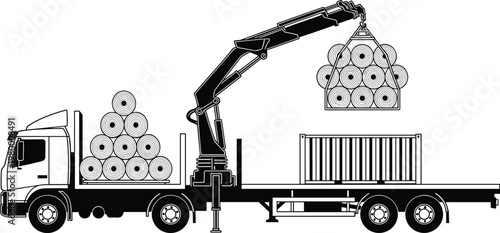 Flatbed truck with crane loading cargo rolls industrial transportation logistics concept black and white flat vector illustration design