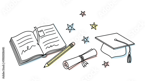 Dreams and Diploma: a line art of a graduation concept, featuring open book, pencil, diploma scroll, and cap, is accompanied by a scattering of stars.