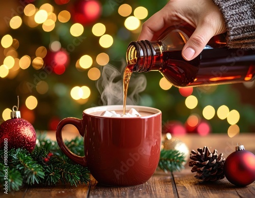 Cozy holiday scene with steaming hot beverage in a red mug being served from a bottle amidst Christmas decorations and blurred festive lights background