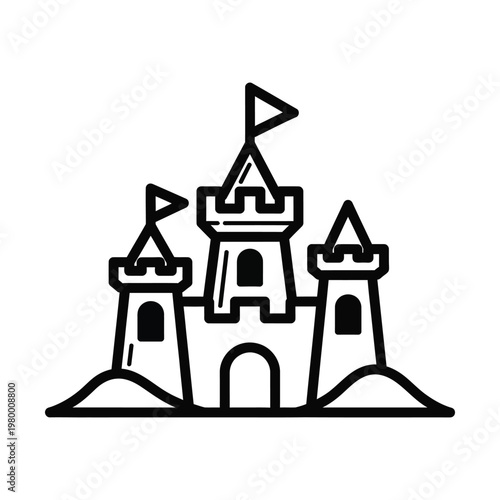 Minimalist sandcastle line icon vector, simple beach sand castle with flags and towers, black and white summer vacation building illustration for travel apps and web design