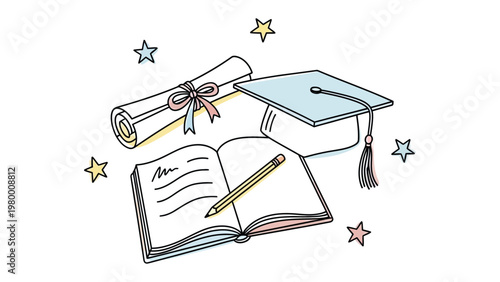 Academic Journey Essentials: A symbolic illustration showcasing the core elements of education – a graduation cap, diploma, notebook, and pen. A representation of knowledge, aspiration.