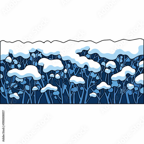 Winter snow covered branches vector illustration. Stylized winter scene with blue foliage and white snowdrifts. Seasonal nature graphic for holiday design.